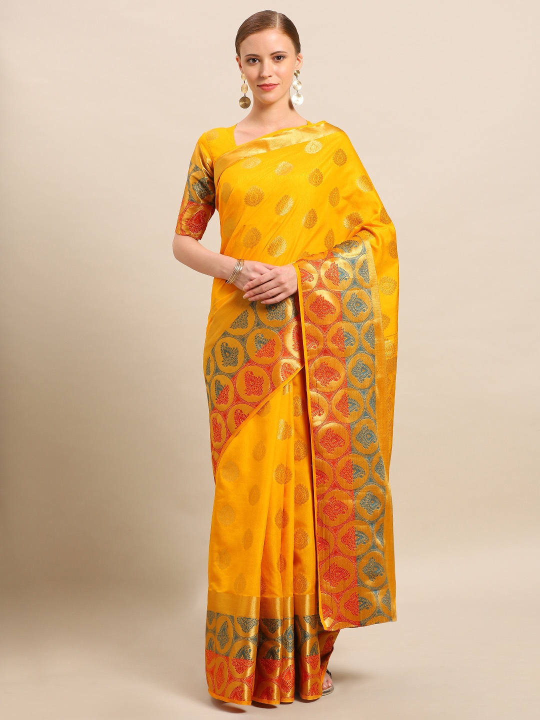

Mitera Mustard & Gold-Toned Art Silk Woven Design Kanjeevaram Saree