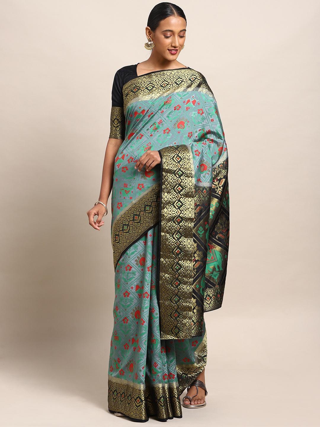 

Mitera Grey & Green Art Silk Woven Design Patola Saree