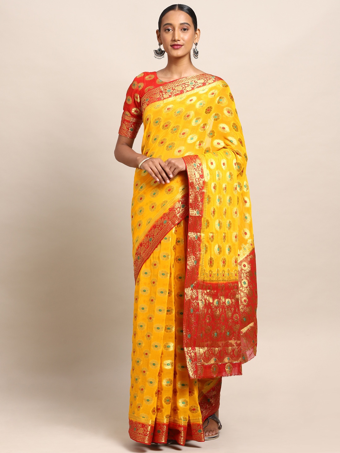 

Mitera Mustard Yellow & Golden Poly Chiffon Woven Design Banarasi Saree