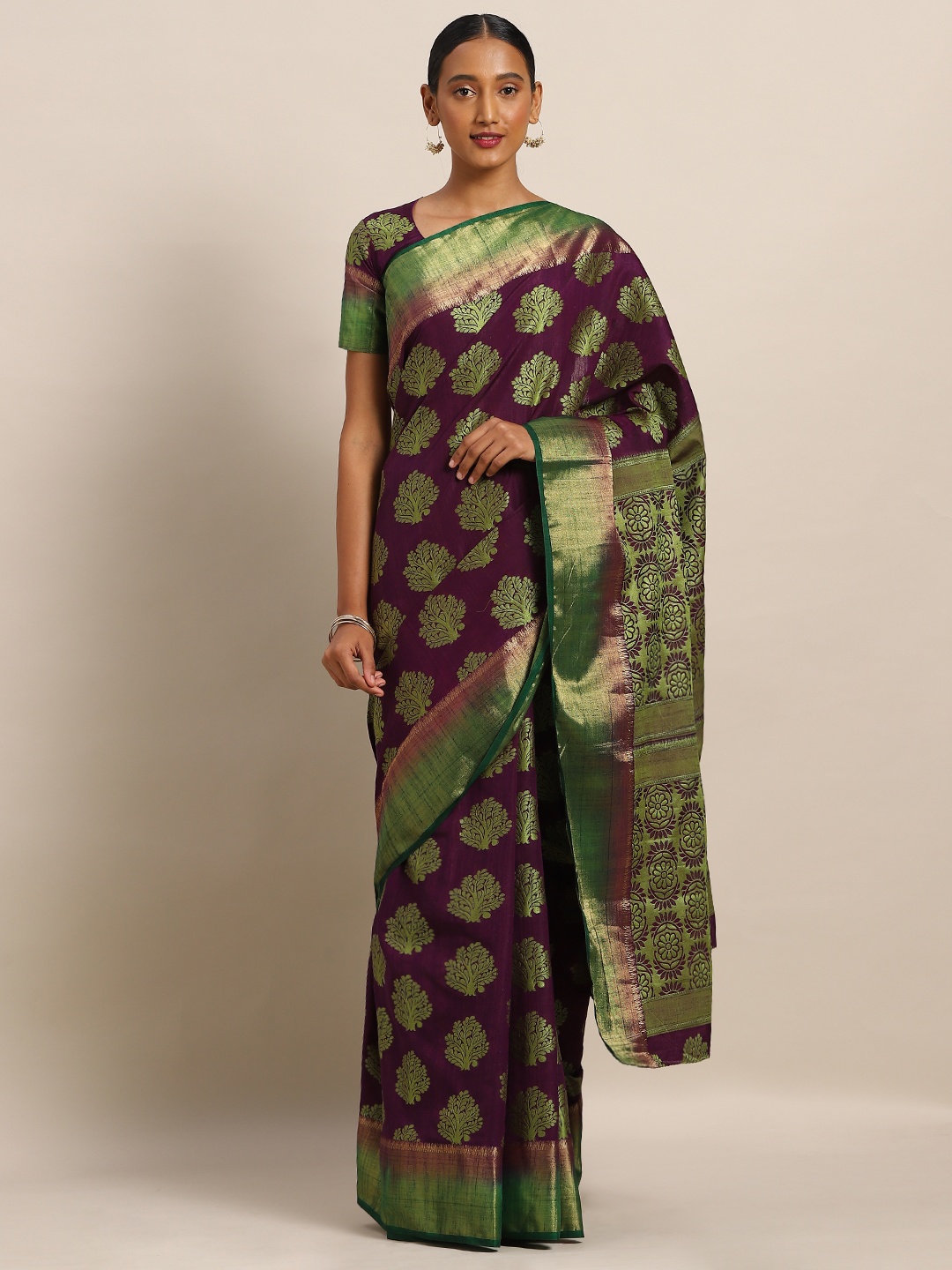 Mitera Purple & Green Art Silk Woven Design Kanjeevaram Saree