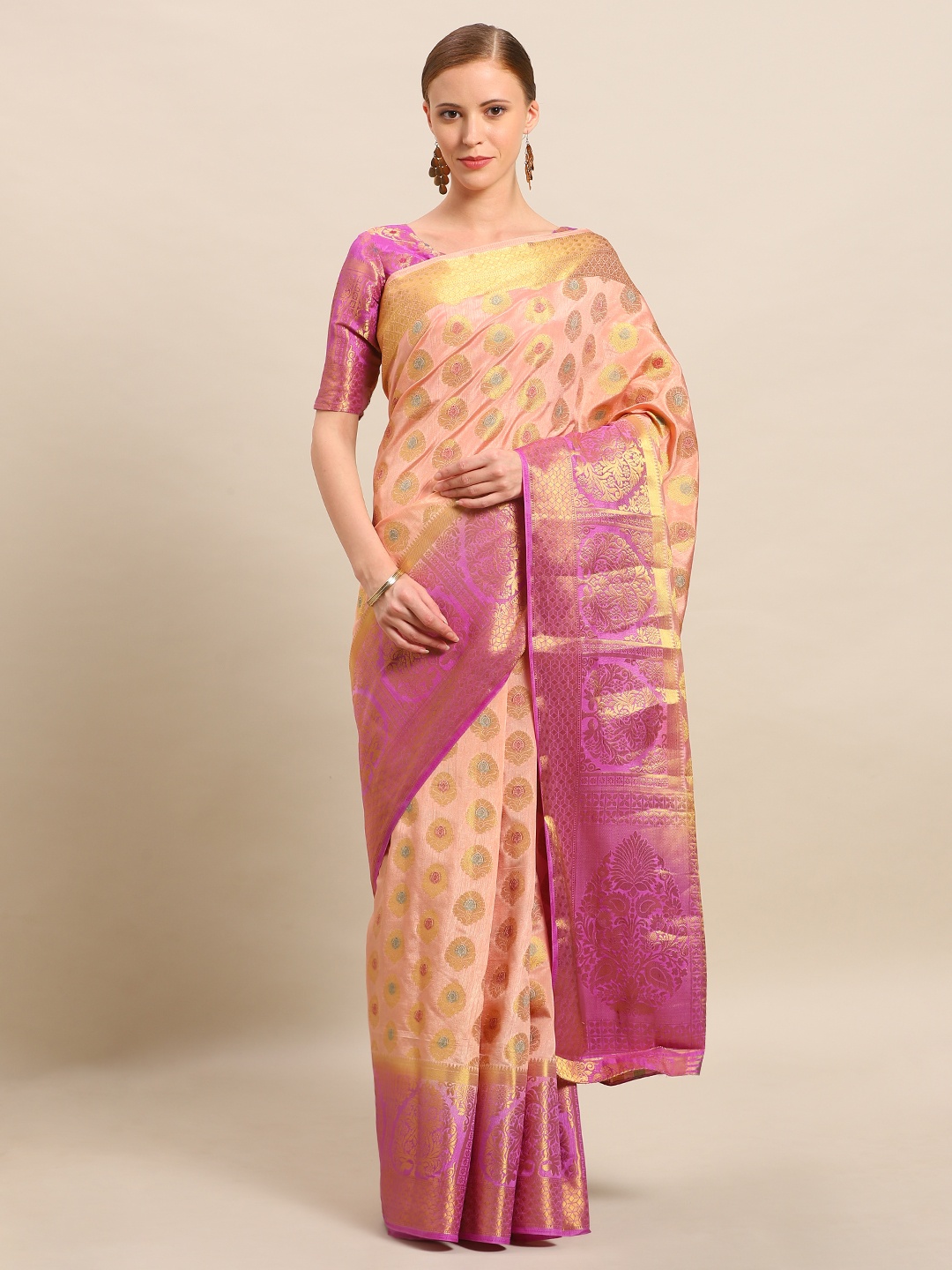 

Mitera Peach-Coloured & Gold-Toned Art Silk Woven Design Kanjeevaram Saree