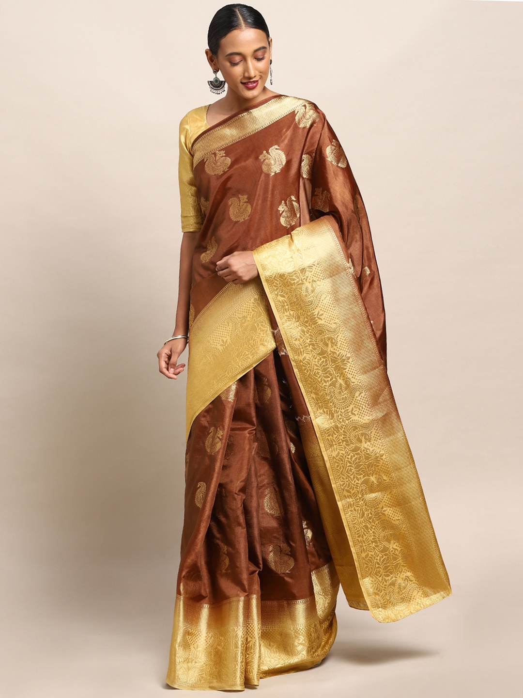 

Mitera Brown & Beige Art Silk Woven Design Kanjeevaram Saree