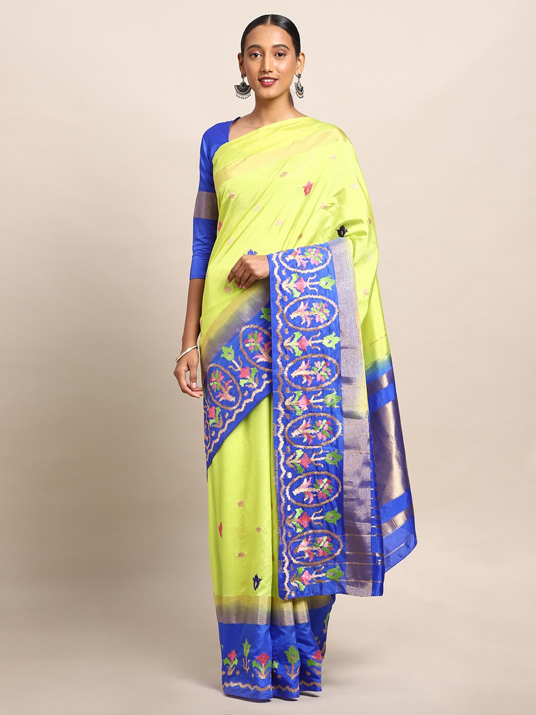 

Mitera Yellow & Blue Art Silk Embroidered Kanjeevaram Saree