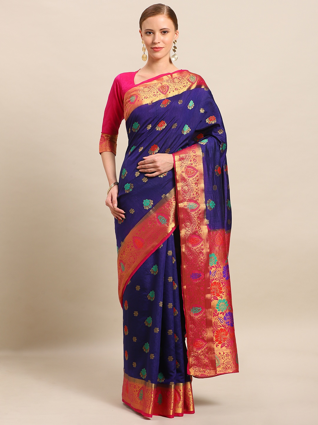 

Mitera Navy Blue & Red Art Silk Woven Design Dharmavaram Saree