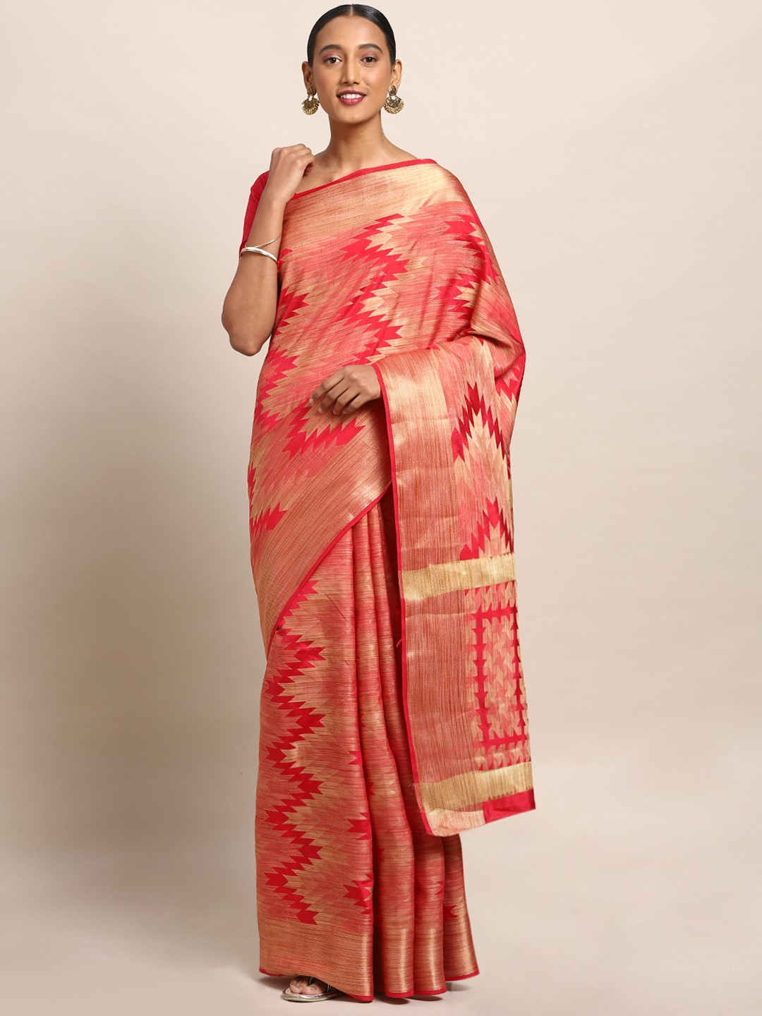 

Mitera Coral Pink & Gold-Toned Art Silk Woven Design Kanjeevaram Saree