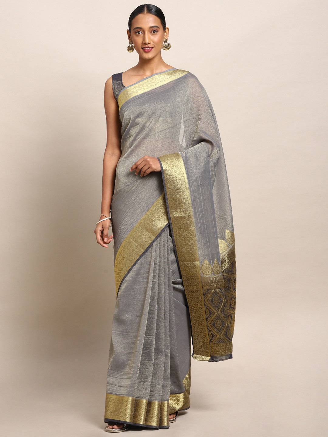 

Mitera Grey Art Silk Solid Kanjeevaram Saree