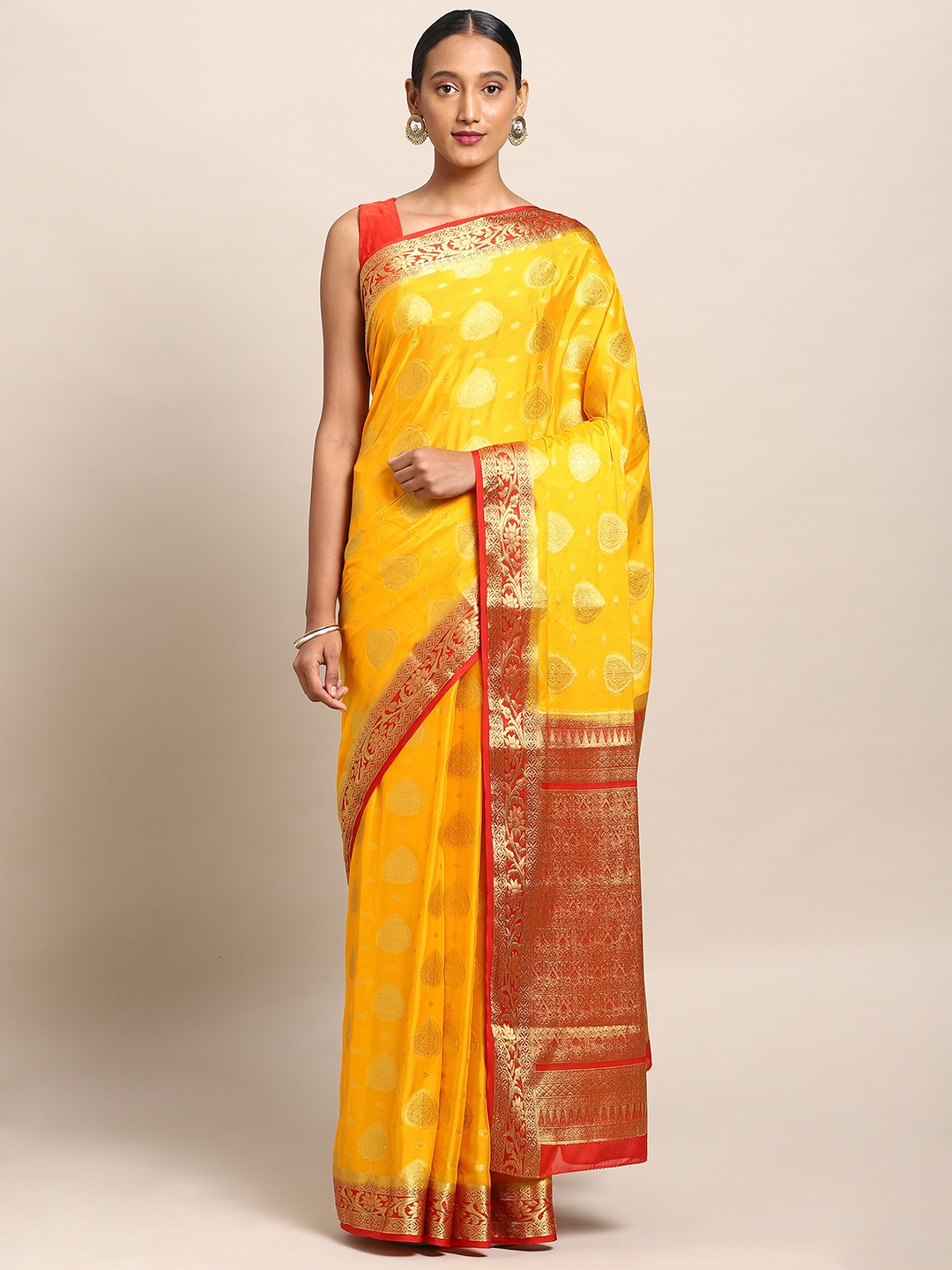 

Mitera Mustard & Gold-Toned Poly Crepe Woven Design Mysore Silk Saree