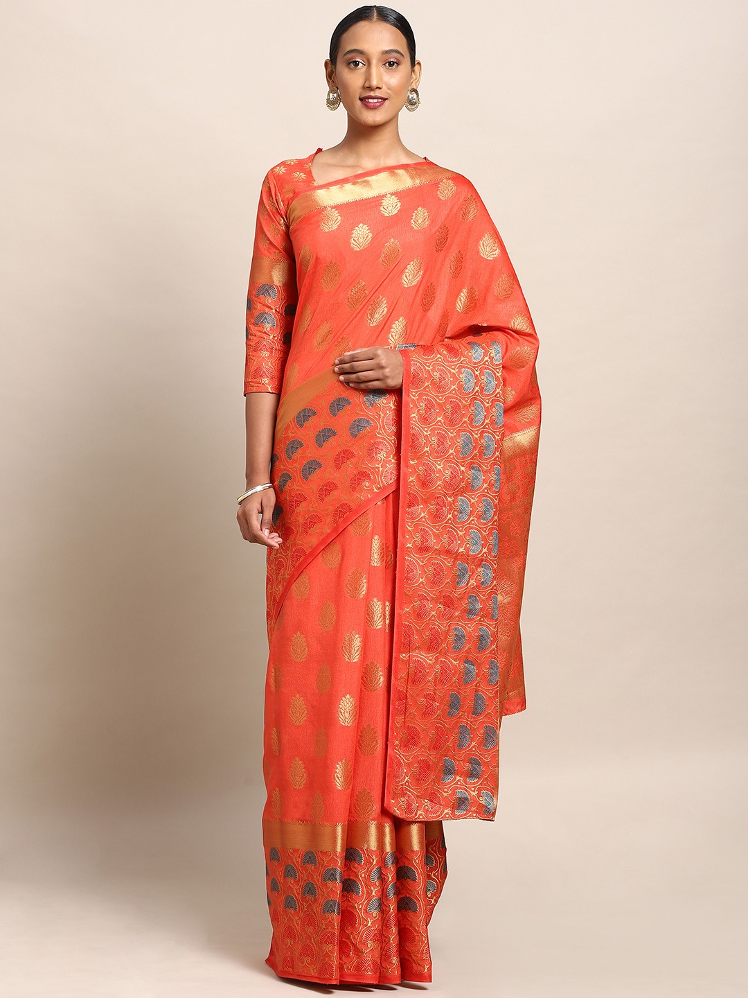 

Mitera Orange & Gold-Toned Art Silk Woven Design Kanjeevaram Saree