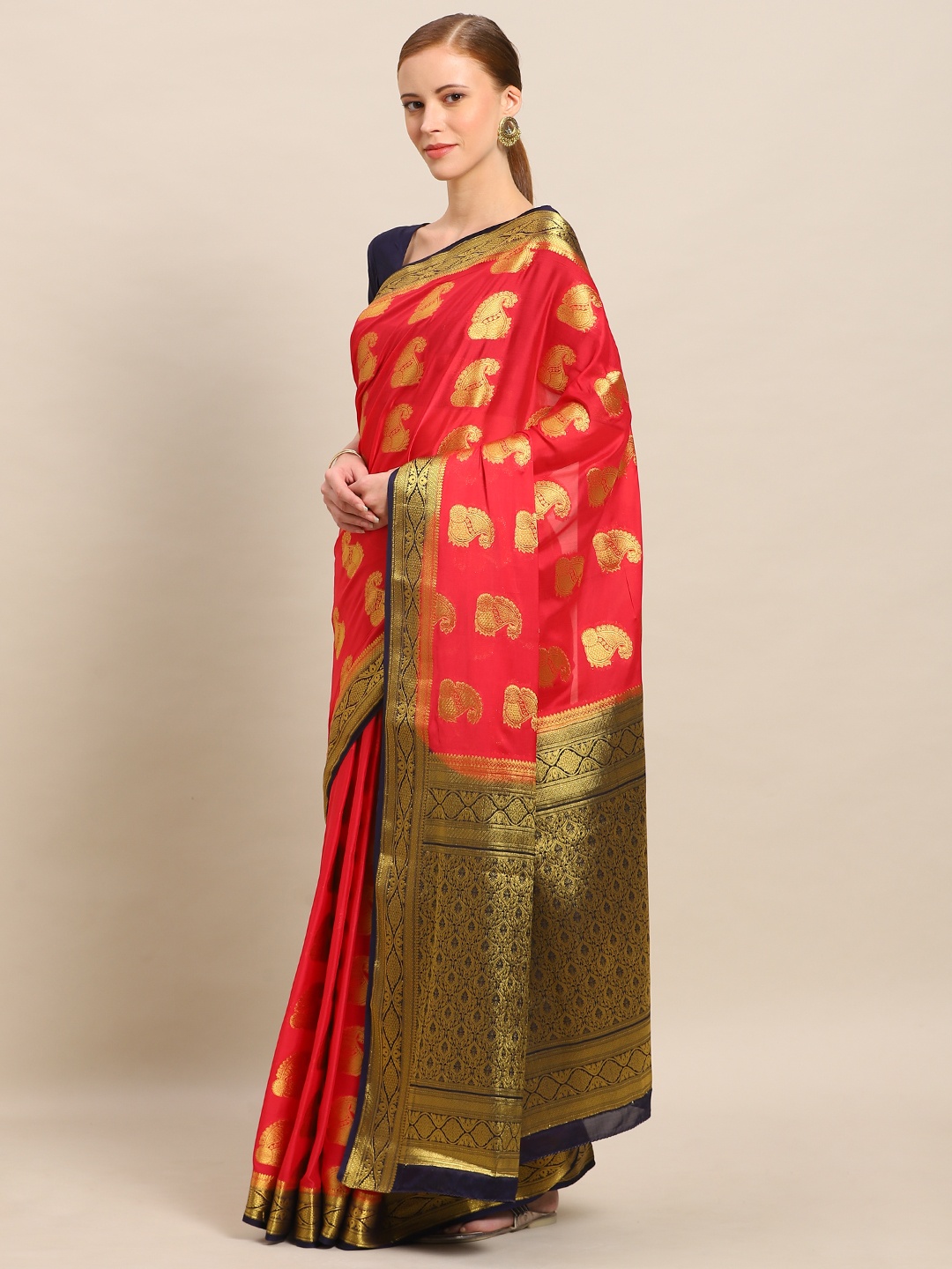 

Mitera Pink & Gold-Toned Poly Crepe Embellished Mysore Silk Saree