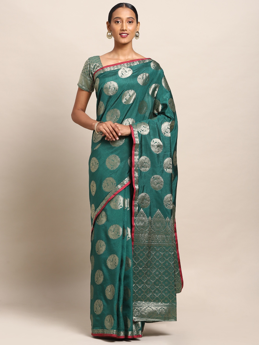 

Mitera Teal & Gold-Toned Art Silk Woven Design Kanjeevaram Saree