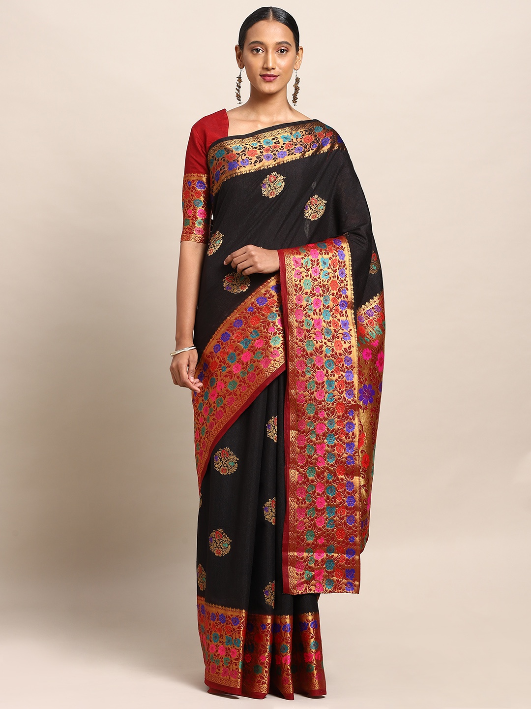 

Mitera Black & Gold-Toned Art Silk Woven Design Dharmavaram Saree