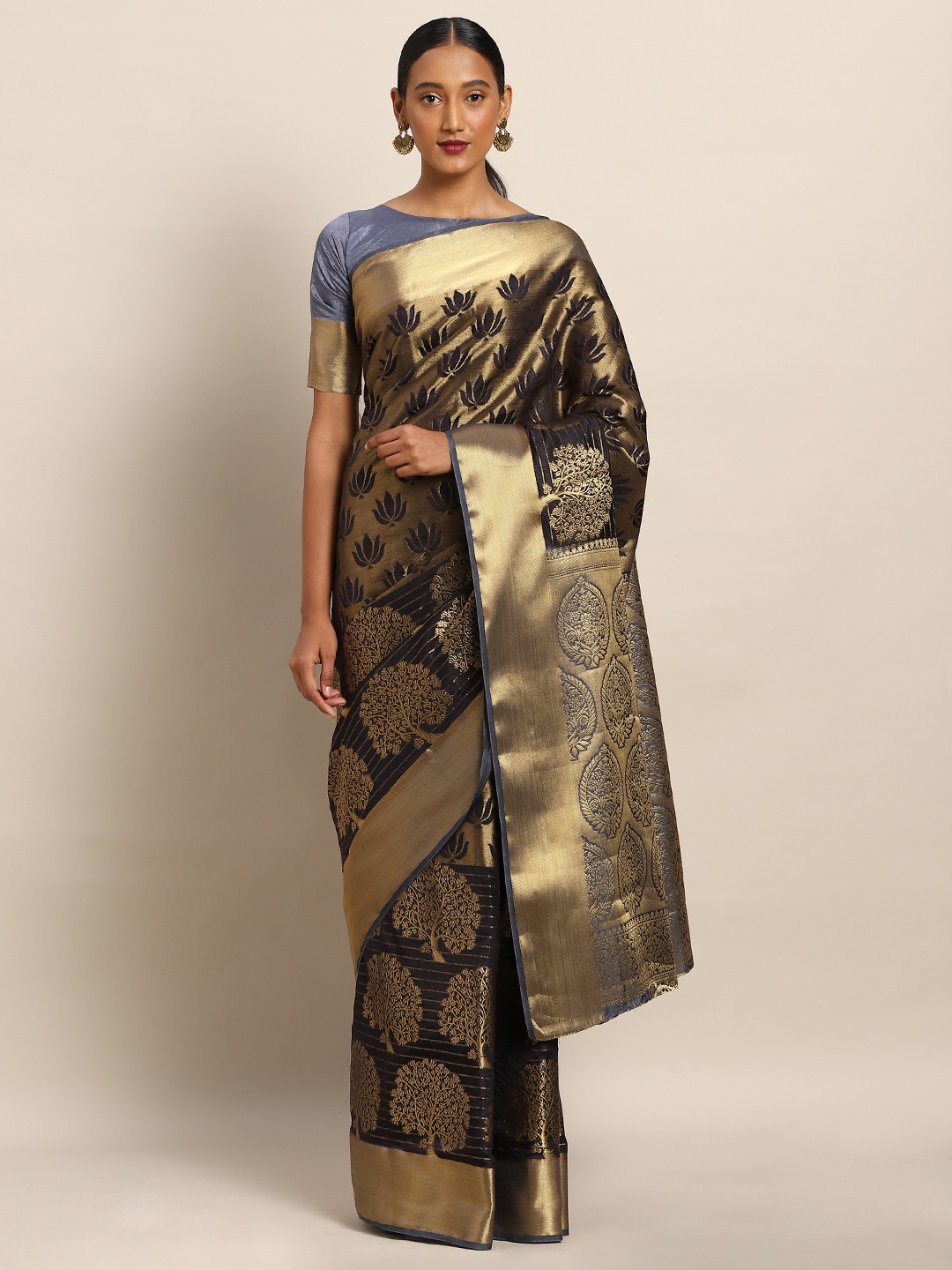 

Mitera Black & Beige Art Silk Embellished Kanjeevaram Saree