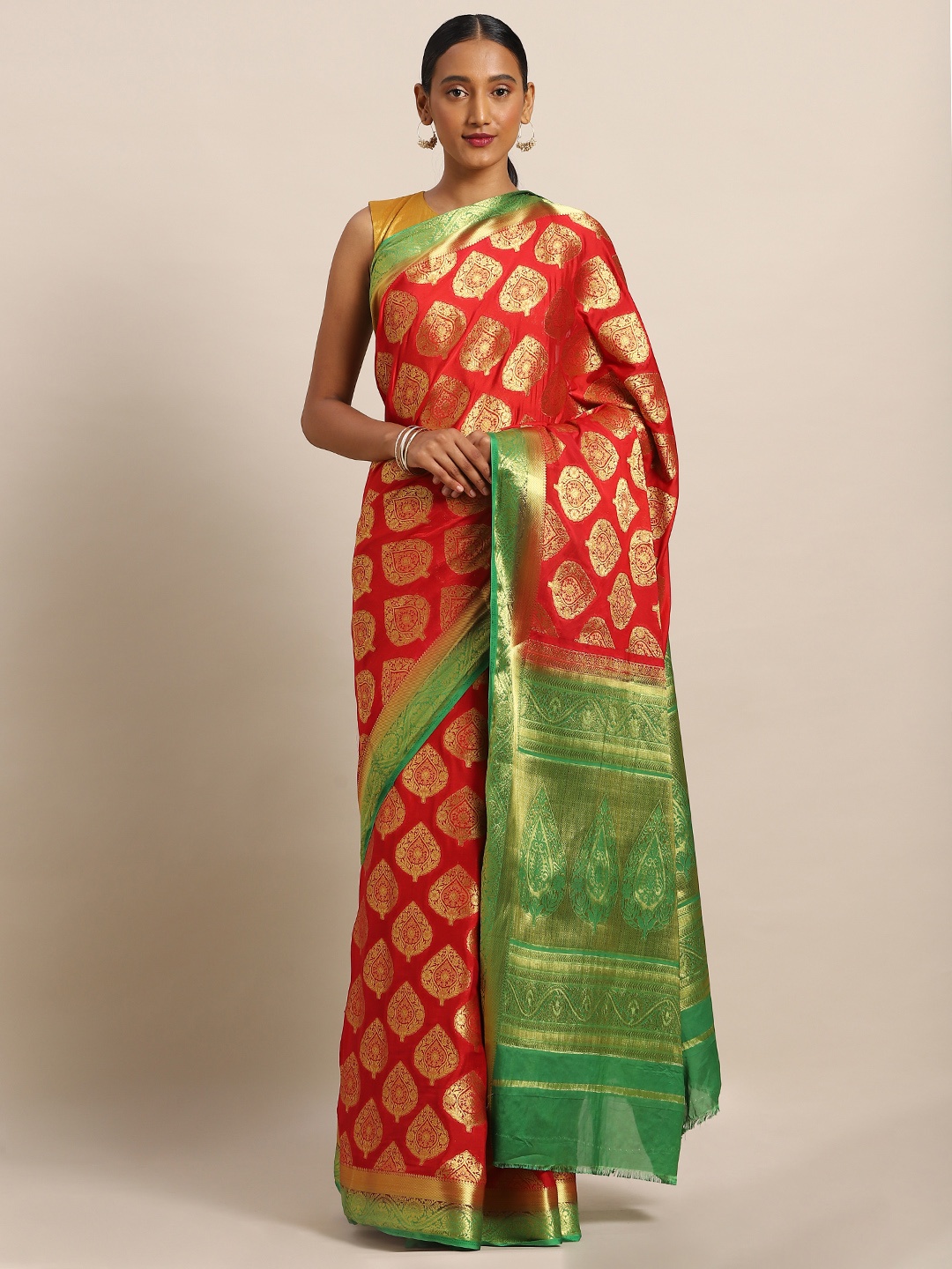 Mitera Orange & Gold-Toned Poly Crepe Woven Design Mysore Silk Saree