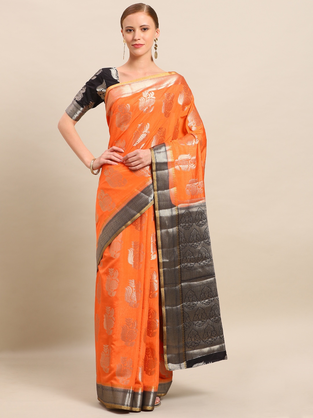 

Mitera Orange & Gold-Toned Art Silk Woven Design Kanjeevaram Saree