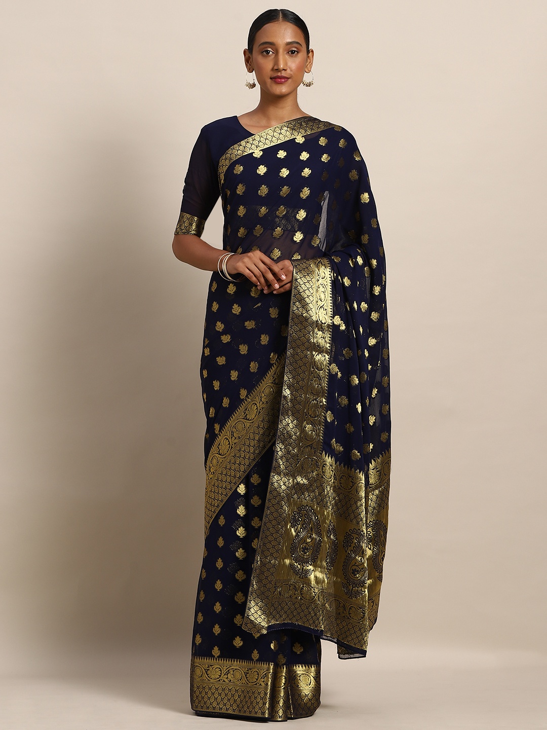

Mitera Navy Blue & Gold-Toned Poly Chiffon Woven Design Banarasi Saree