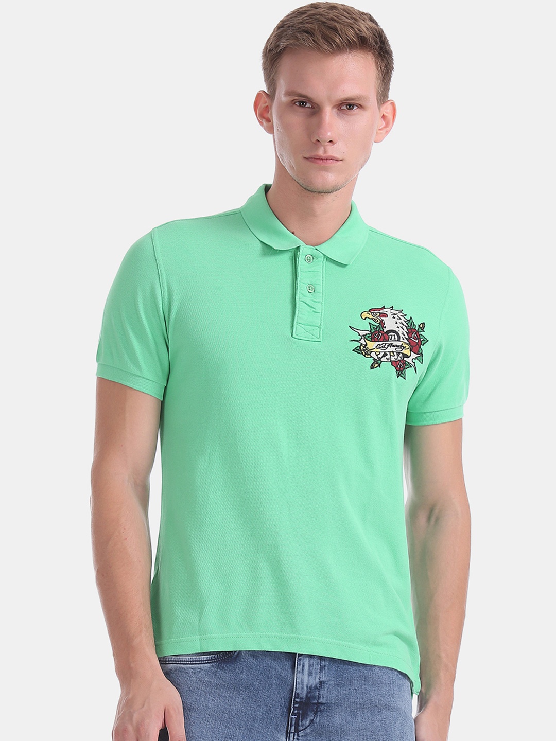 

Ed Hardy Men Green Solid Polo Collar Pure Cotton T-shirt