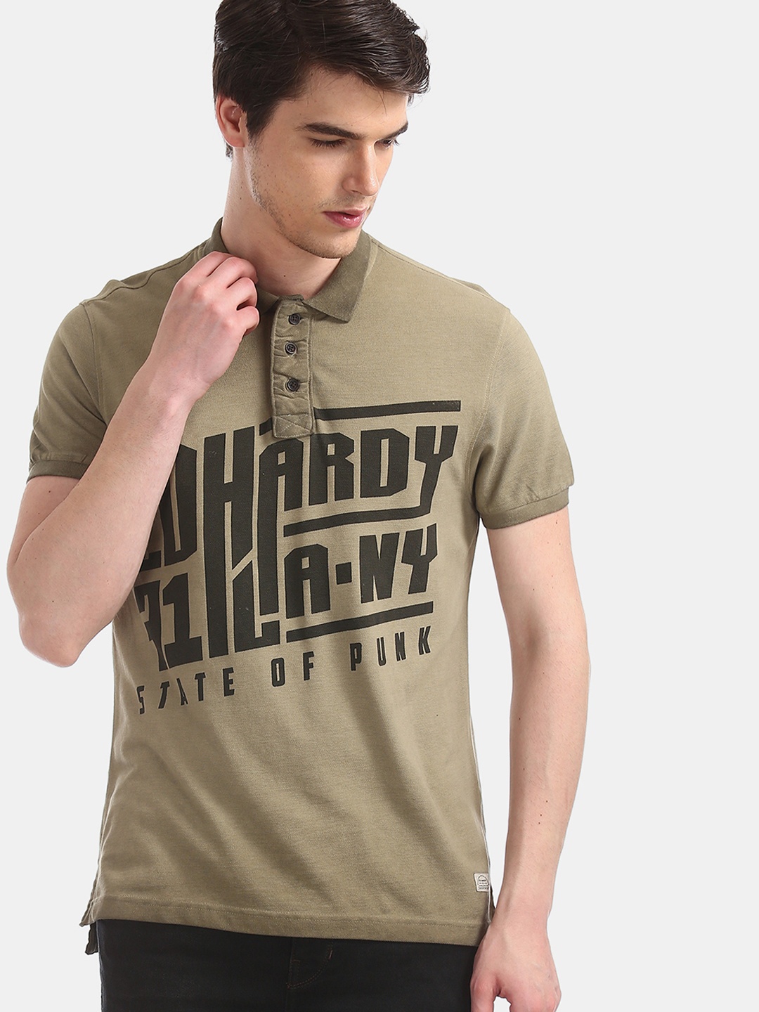 

Ed Hardy Men Khaki Printed Polo Collar Pure Cotton T-shirt