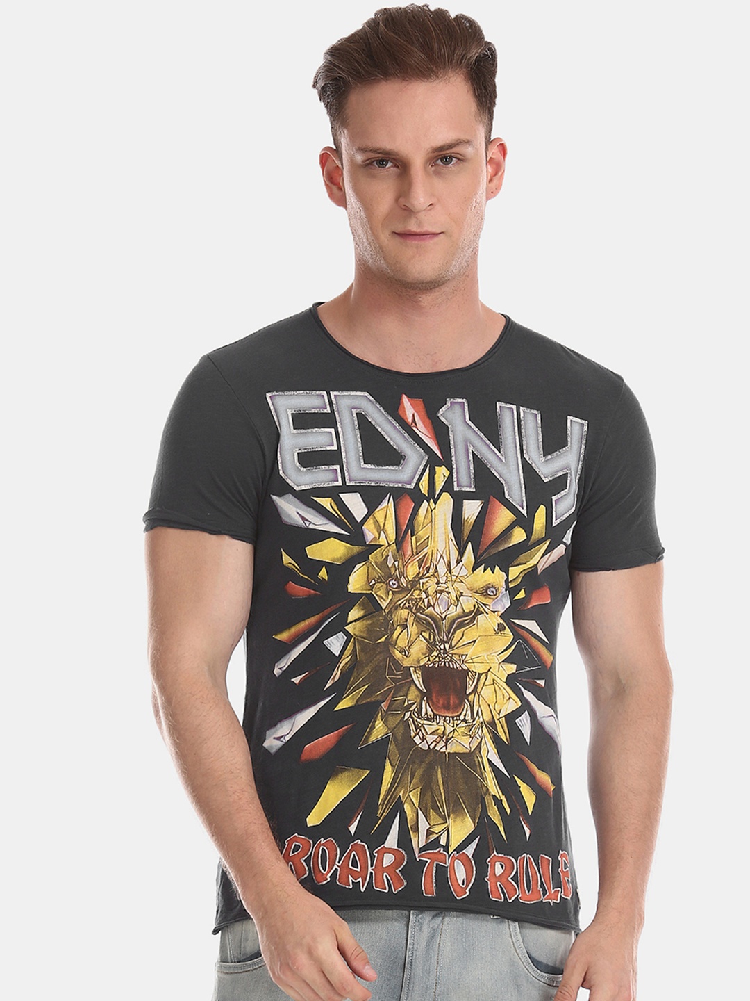 

Ed Hardy Men Grey Printed Round Neck Pure Cotton T-shirt