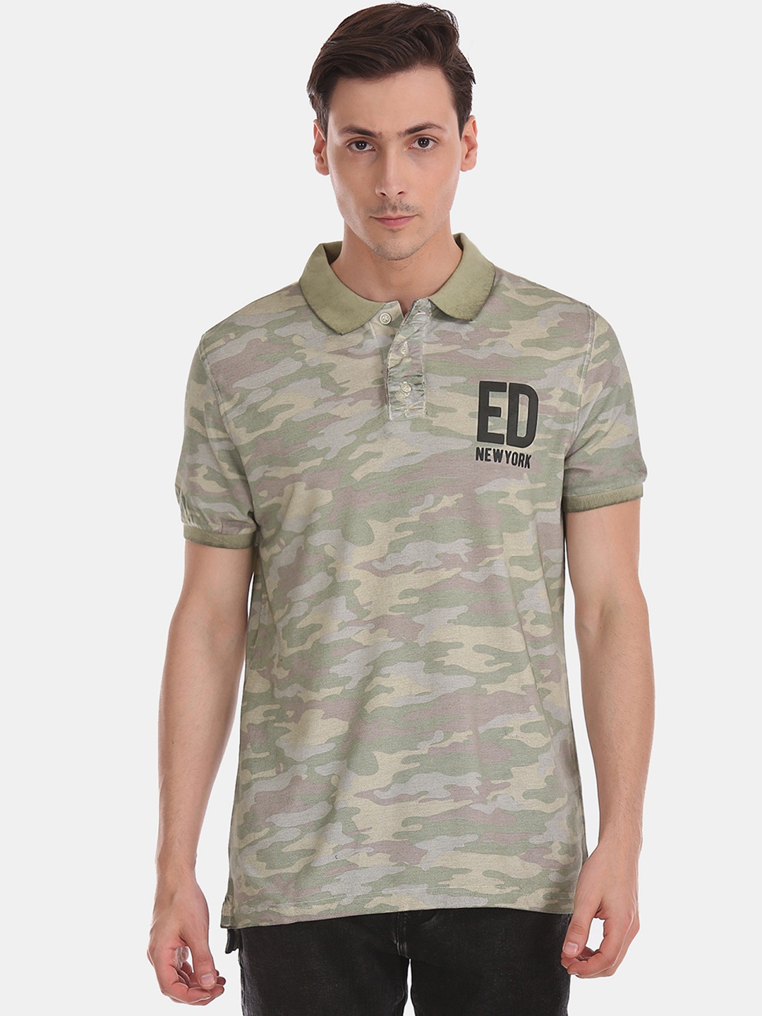 

Ed Hardy Men Green Camouflage Printed Polo Collar Pure Cotton T-shirt