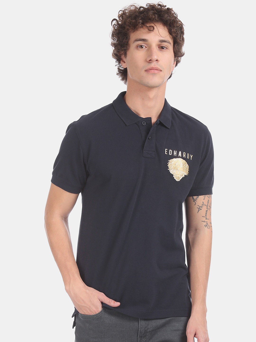 

Ed Hardy Men Navy Blue Printed Polo Collar Pure Cotton T-shirt