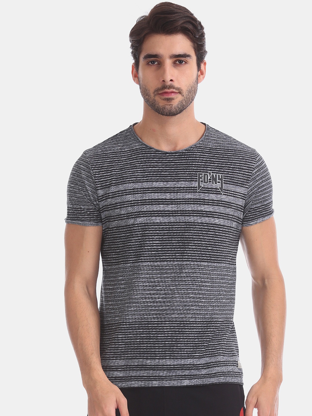 

Ed Hardy Men Grey Black Striped Round Neck Pure Cotton T-shirt