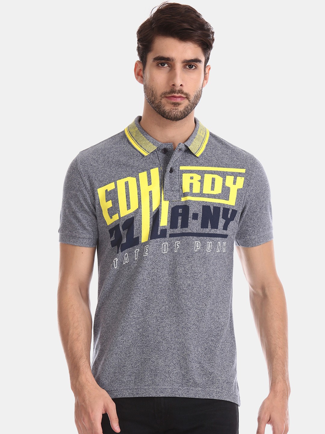 

Ed Hardy Men Blue Yellow Printed Polo Collar Pure Cotton T-shirt