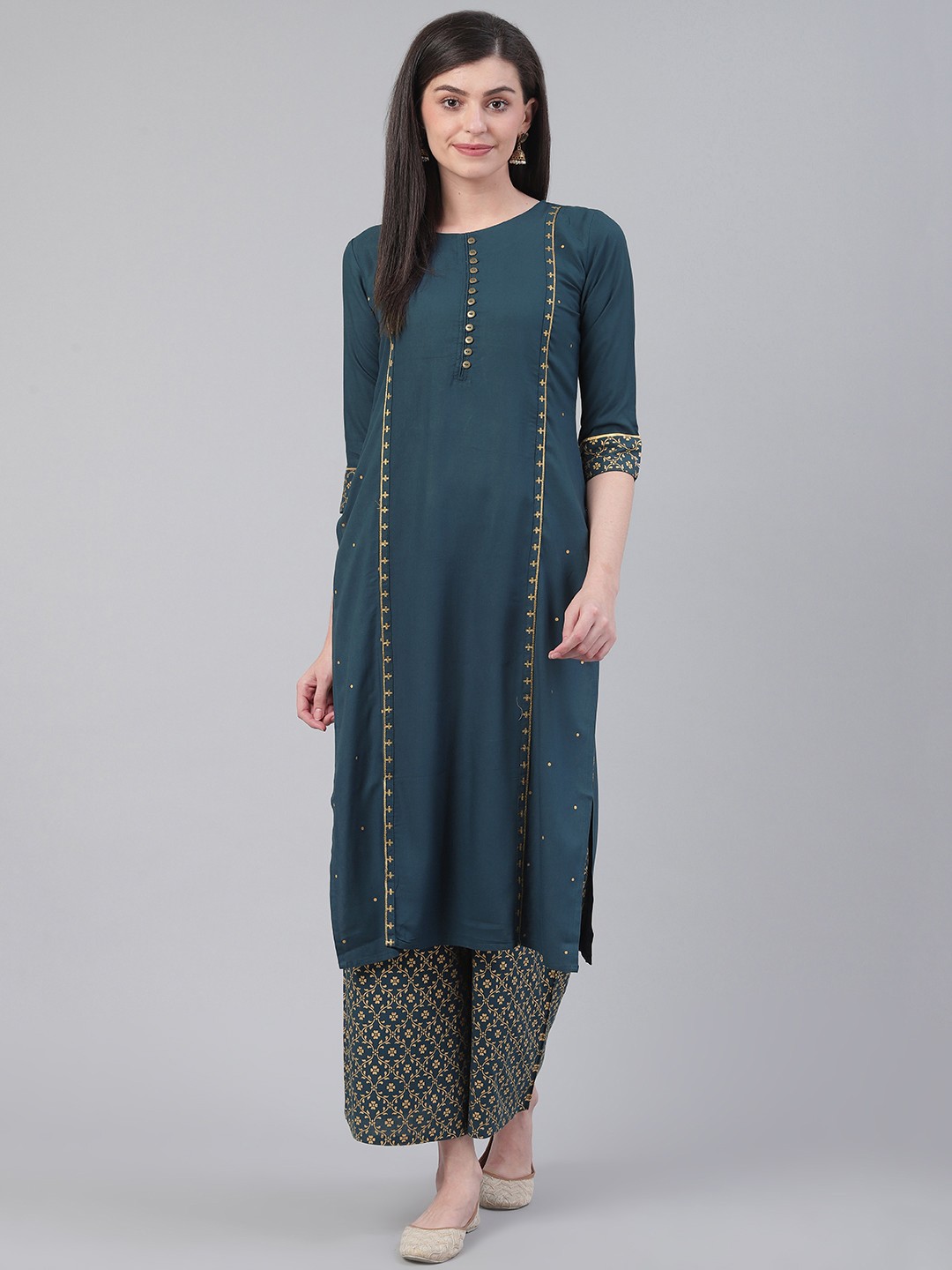 

Varanga Women Teal Blue & Golden Zari Embroidered Detail Kurta with Palazzos