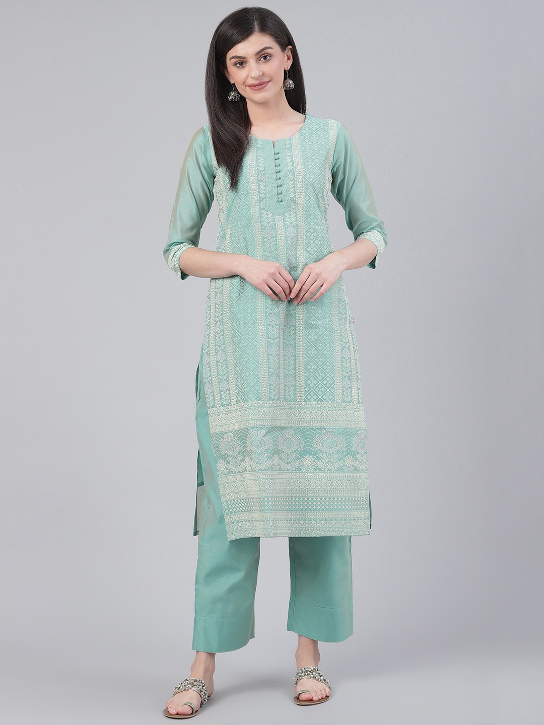 

Varanga Women Sea Green & Yellow Chikankari Screen Print Kurta with Trousers