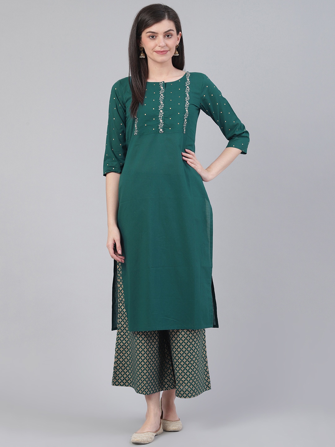 

Varanga Women Green & Golden Yoke Design Kurta with Palazzos