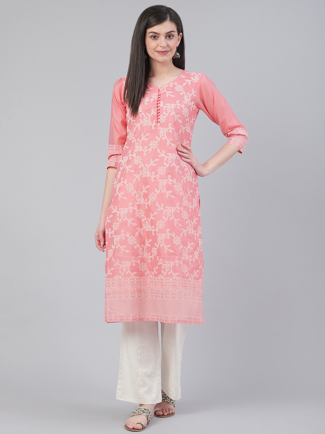 

Varanga Women Pink & Off-White Chikankari Screen Print Straight Kurta