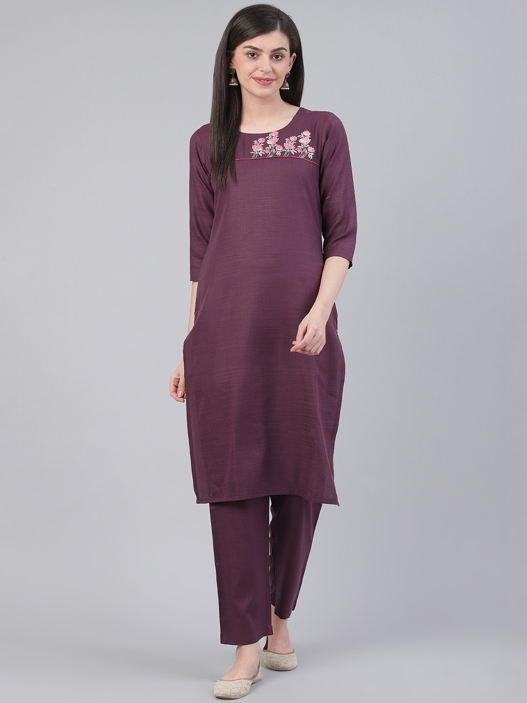 

KSUT Women Aubergine Yoke Design Kurta with Trousers, Purple