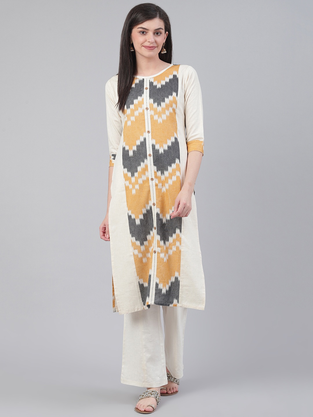 

KSUT Women Off-White & Mustard Yellow Ikat Print Straight Kurta