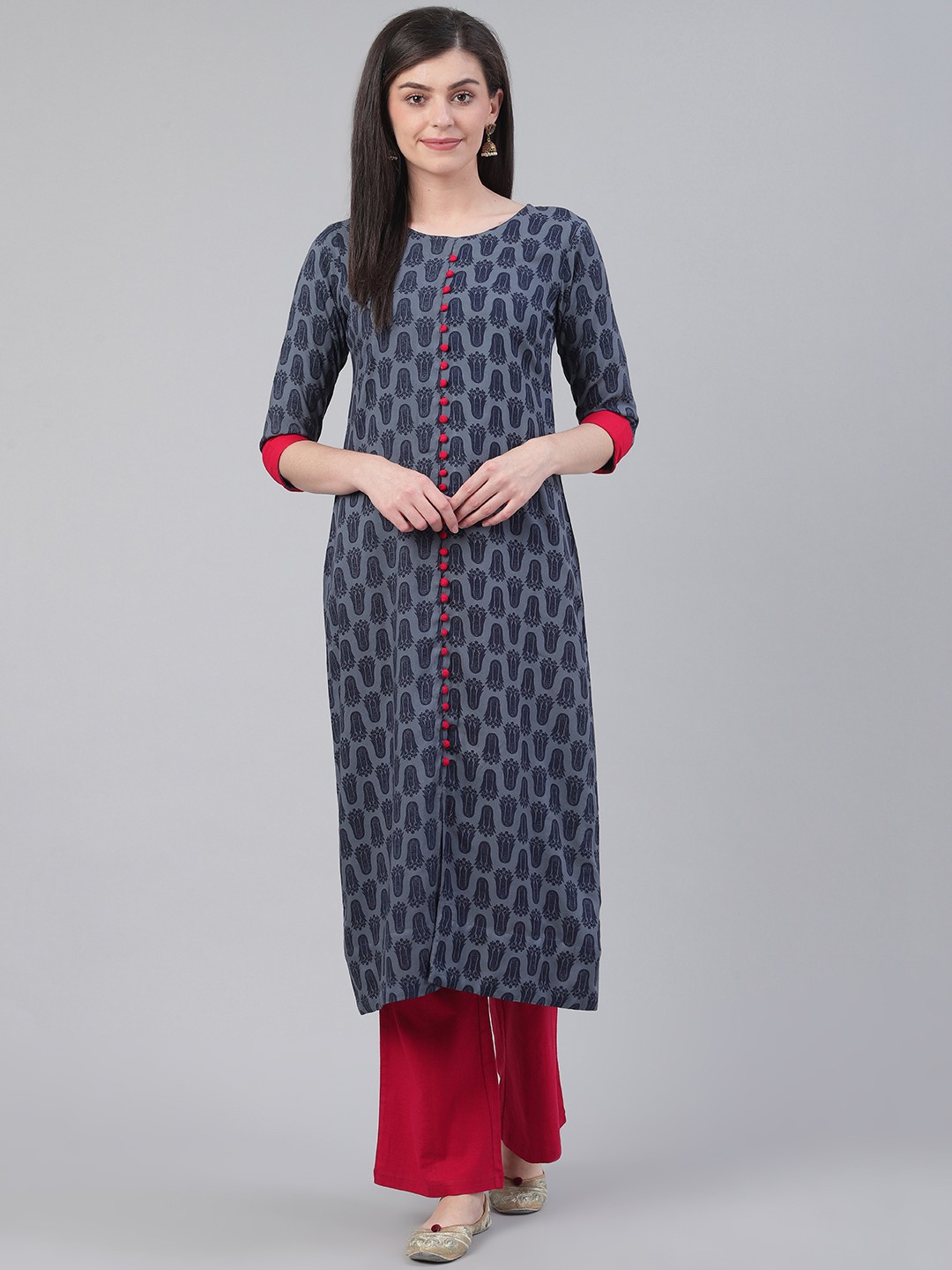 

KSUT Women Grey & Navy Blue Screen Print Straight Kurta