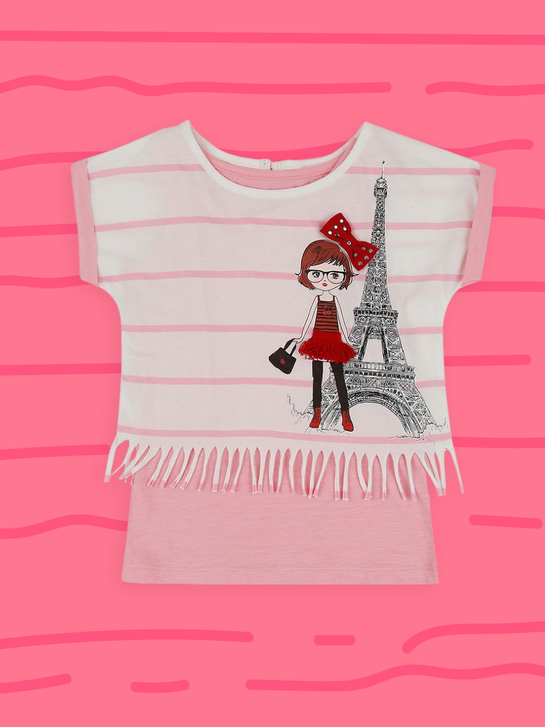 

Pantaloons Junior Girls Pink Striped Round Neck Pure Cotton T-shirt with a Tank Top