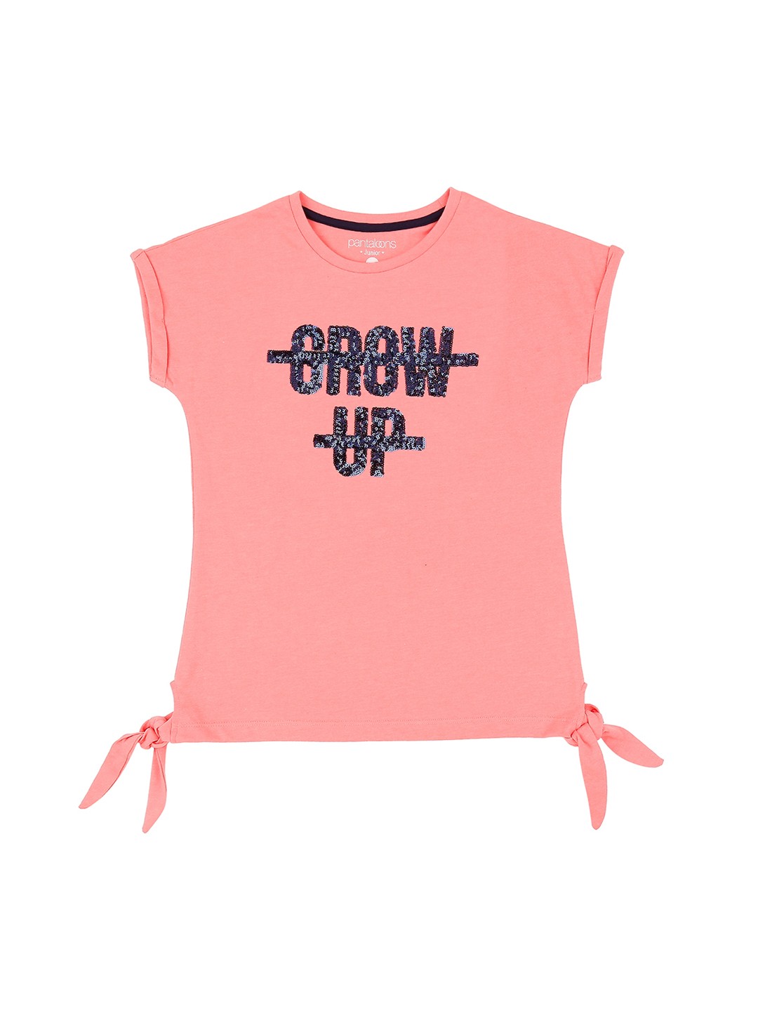 

Pantaloons Junior Girls Pink Blue Embellished Round Neck Pure Cotton T-shirt