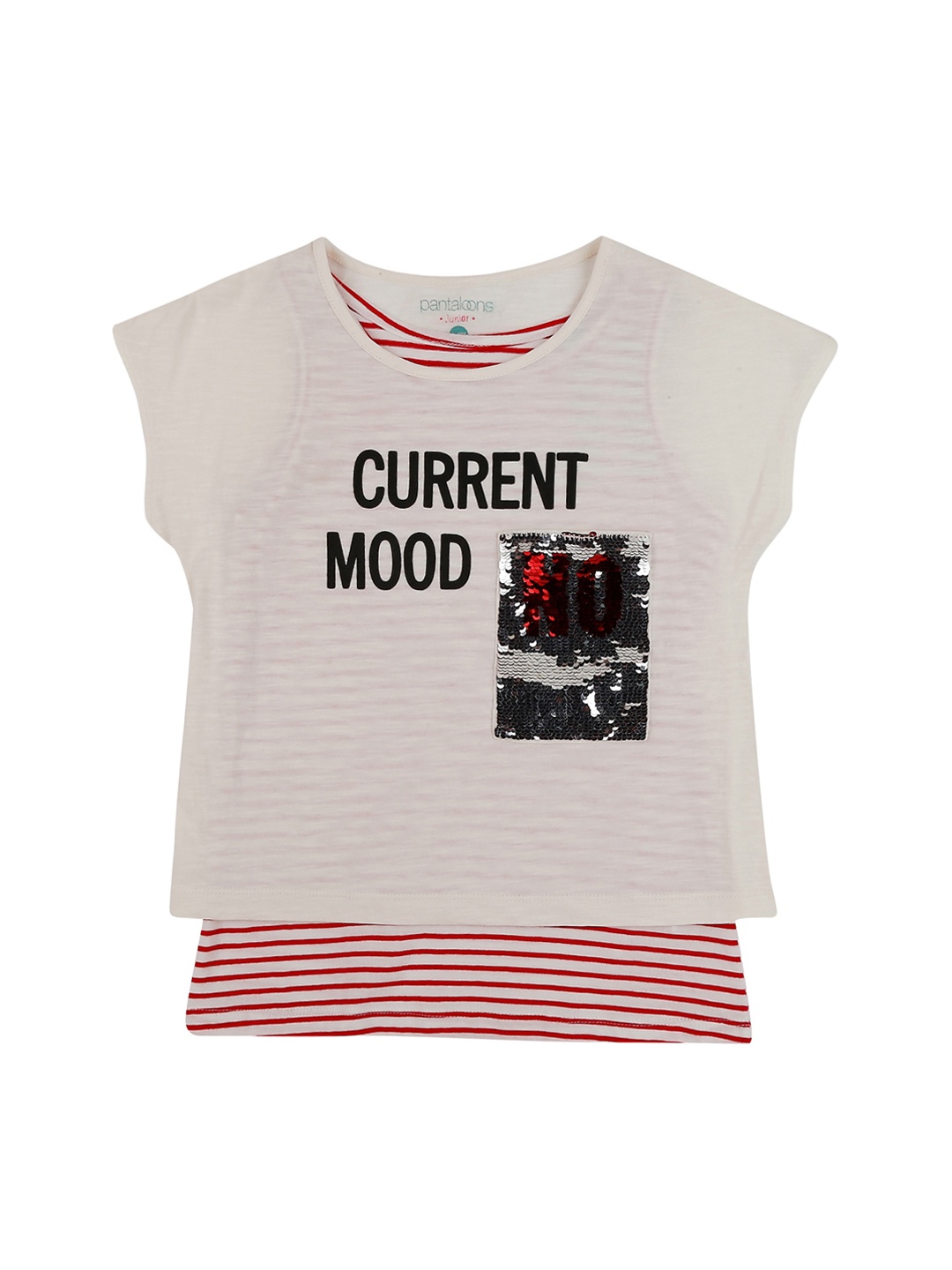 

Pantaloons Junior Girls Off-White Black Printed Round Neck Pure Cotton T-shirt