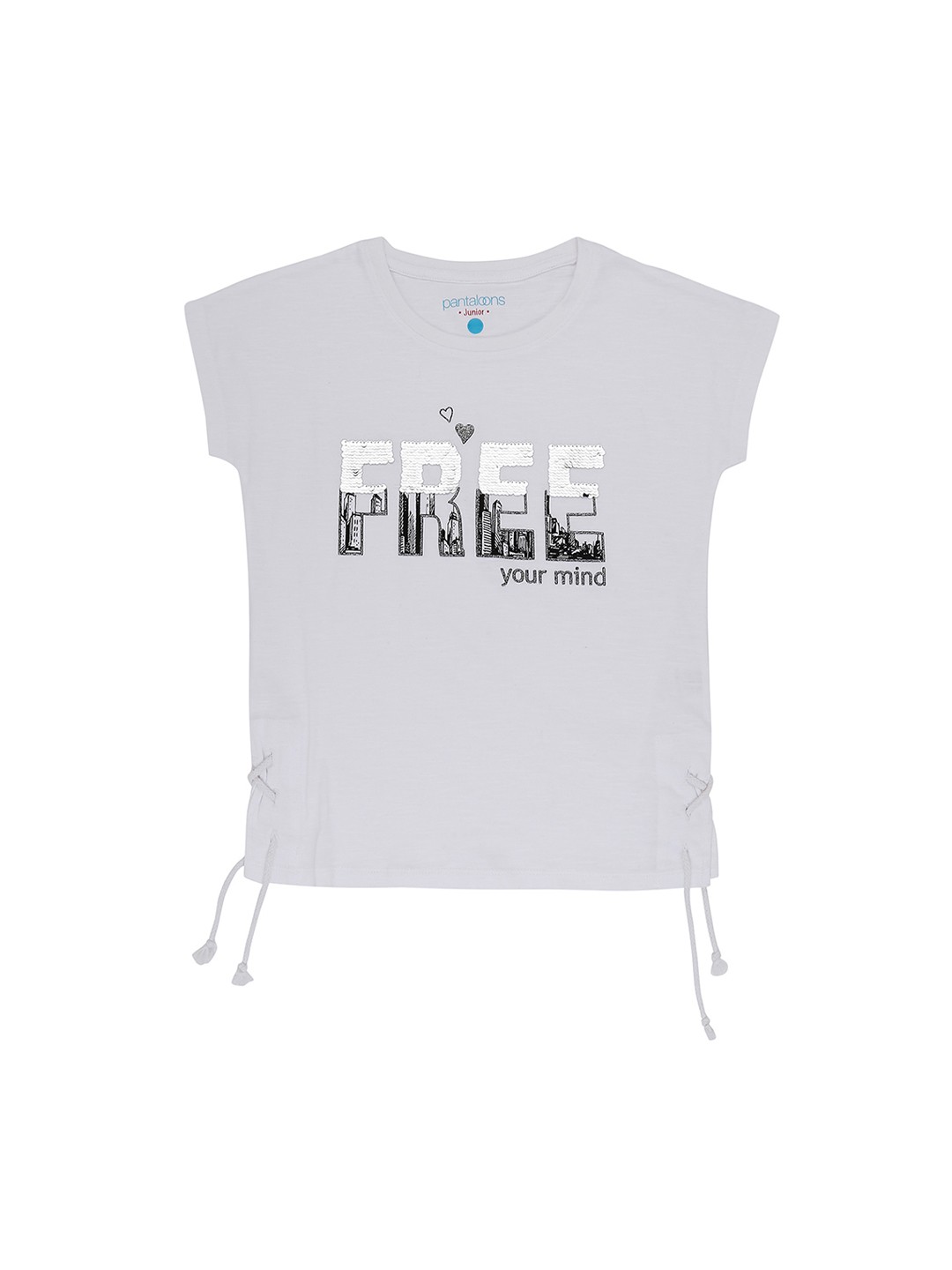 

Pantaloons Junior Girls Grey Off-White Printed Round Neck Pure Cotton T-shirt