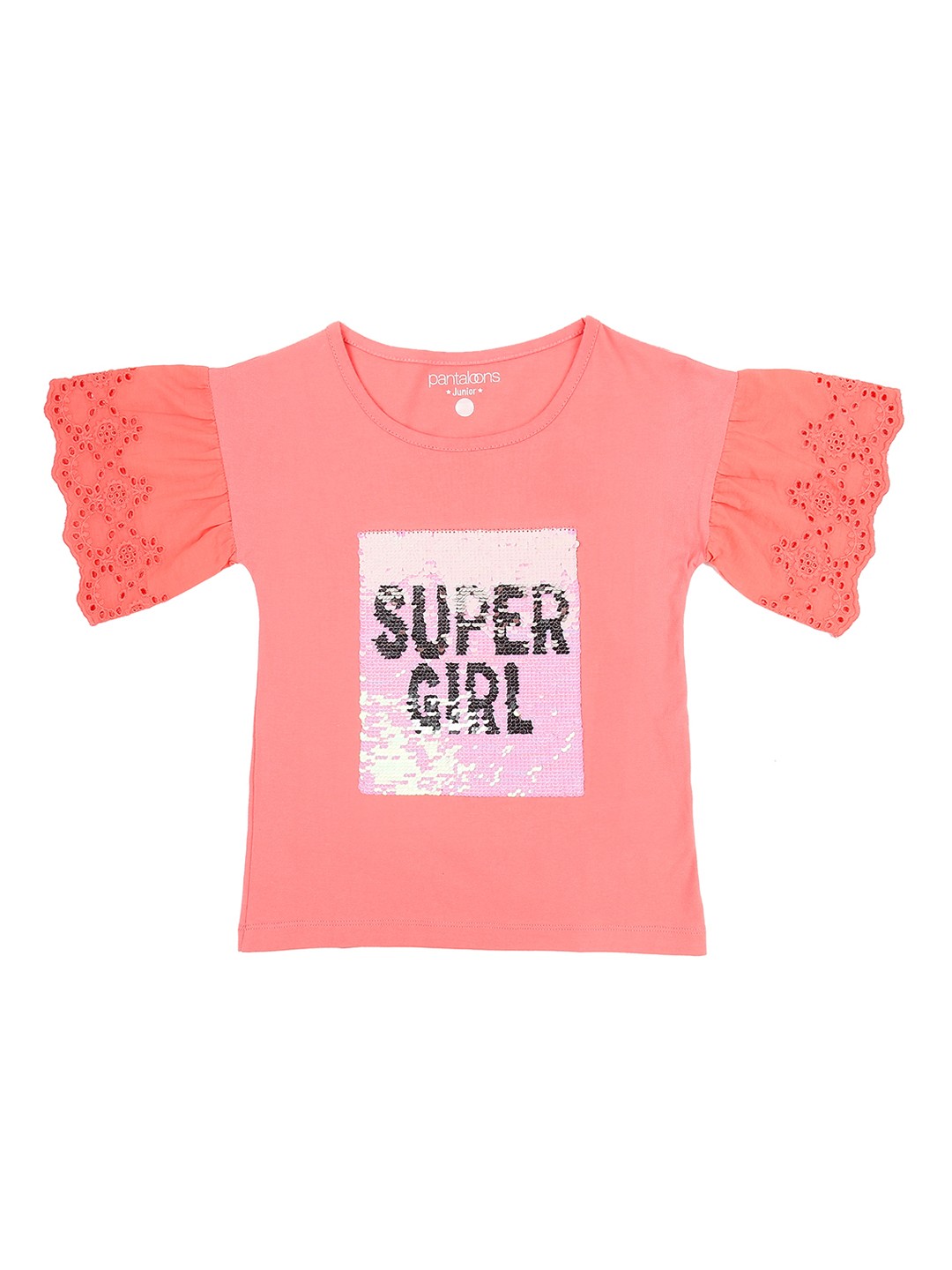 

Pantaloons Junior Girls Coral Pink & Off-White Embellished Round Neck T-shirt