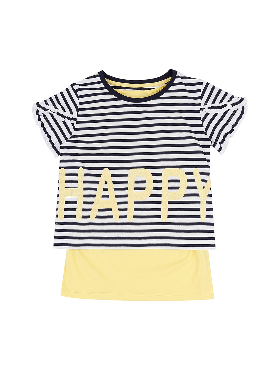 

Pantaloons Junior Girls Navy Blue & Yellow Striped Round Neck T-shirt