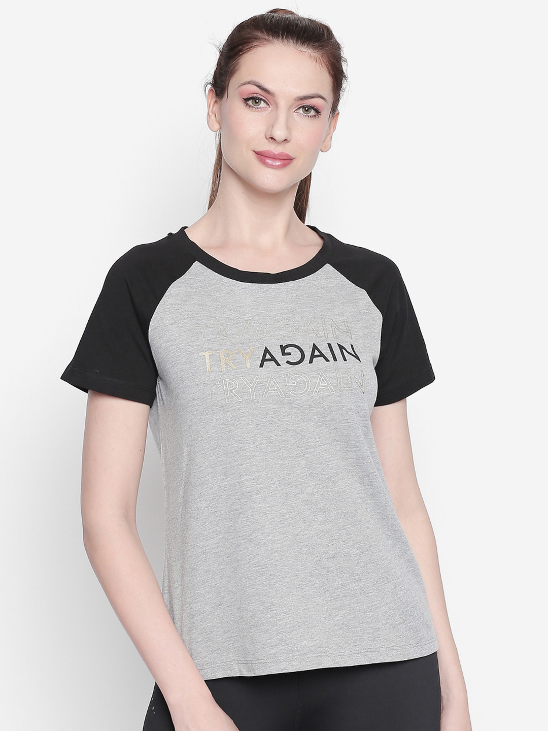 

Ajile by Pantaloons Women Grey & Black Printed Round Neck T-shirt