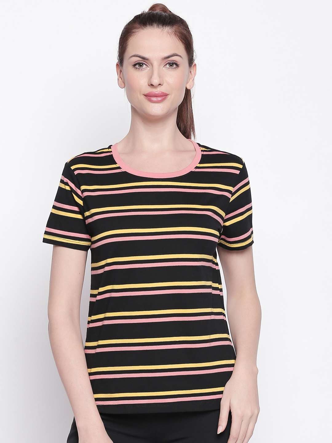 

Ajile by Pantaloons Women Black Striped Round Neck T-shirt
