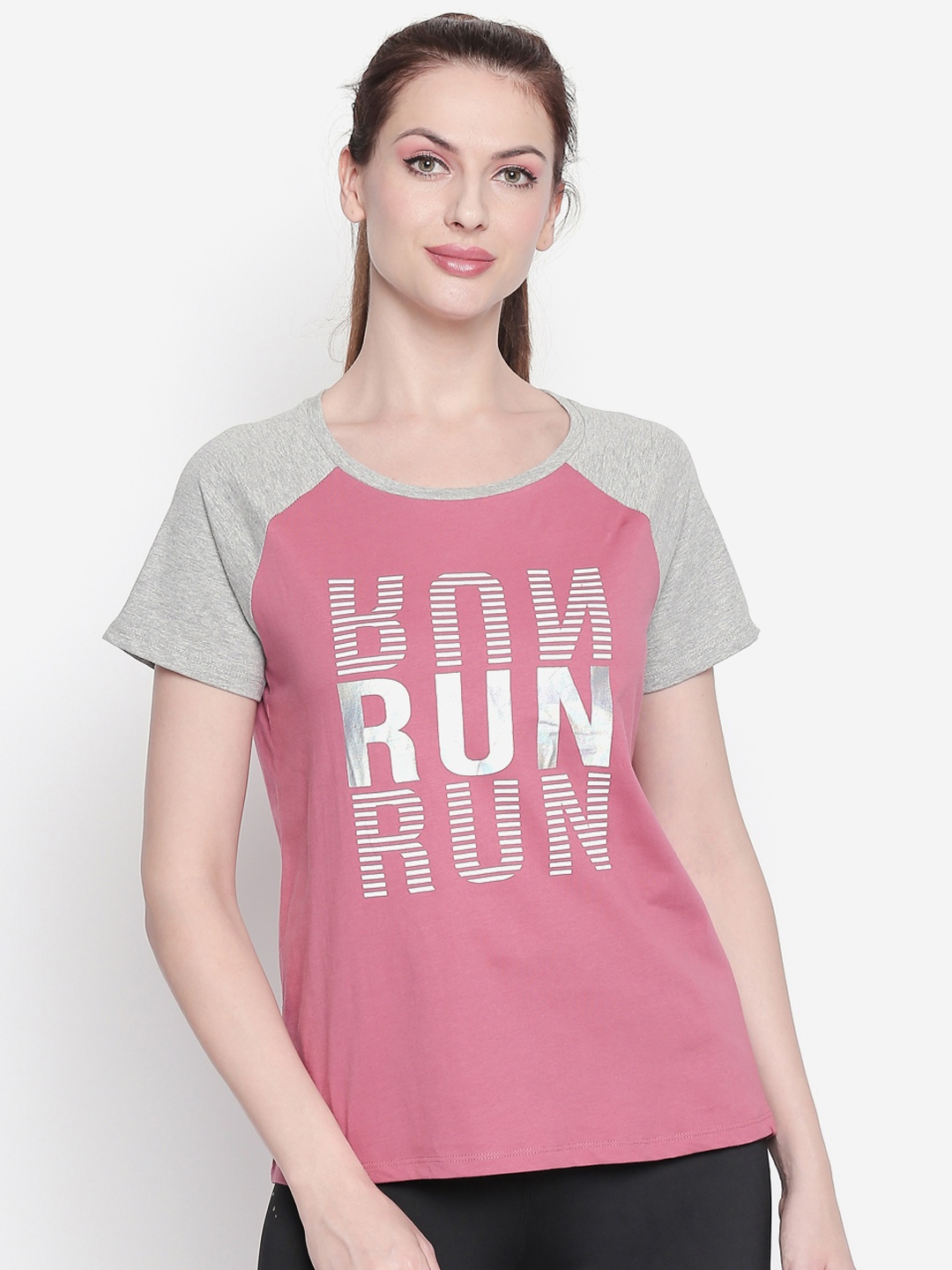 

Ajile by Pantaloons Women Pink & Grey Printed Round Neck T-shirt