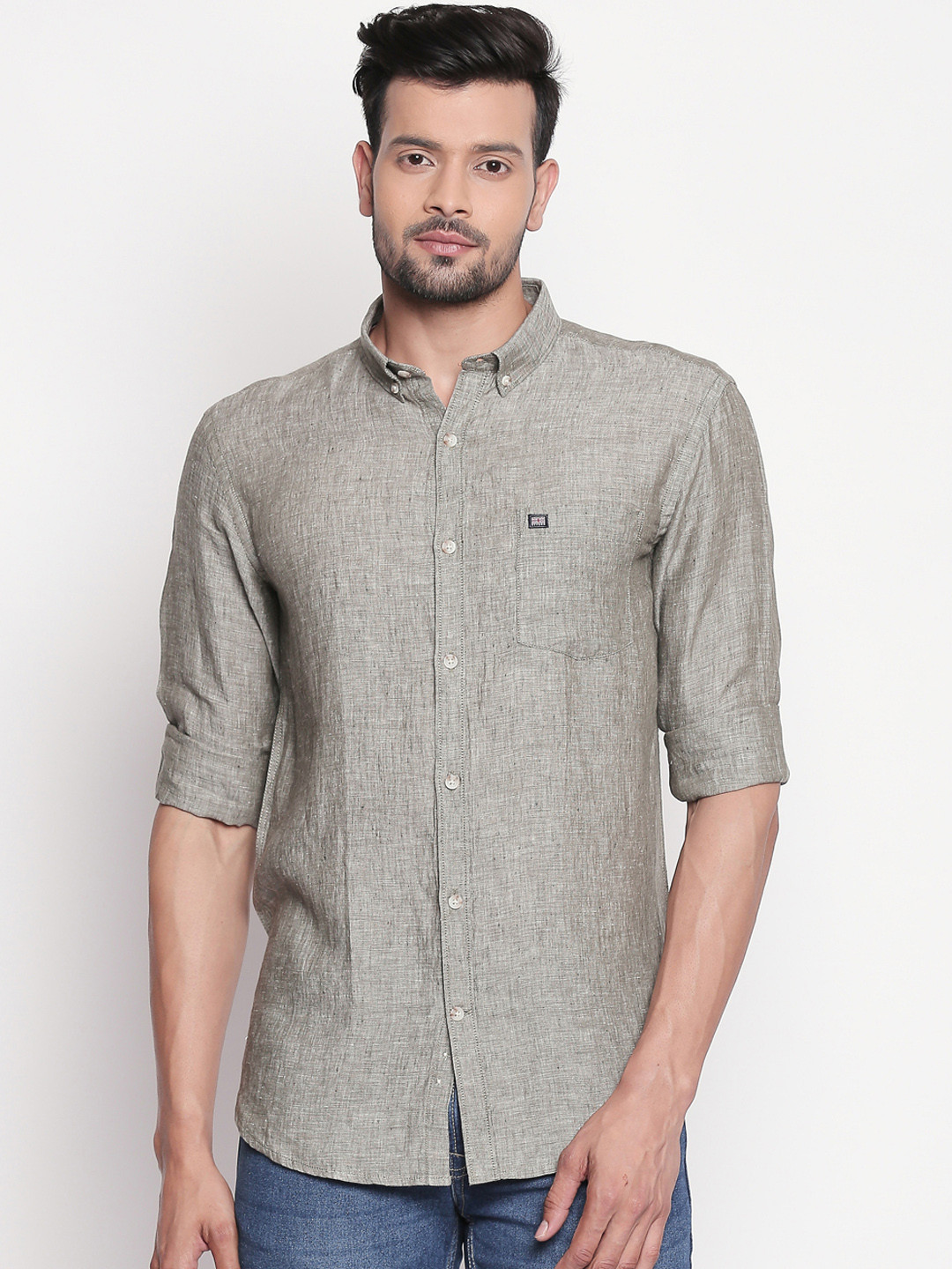 

BYFORD by Pantaloons Men Olive Green Slim Fit Solid Pure Linen Casual Shirt