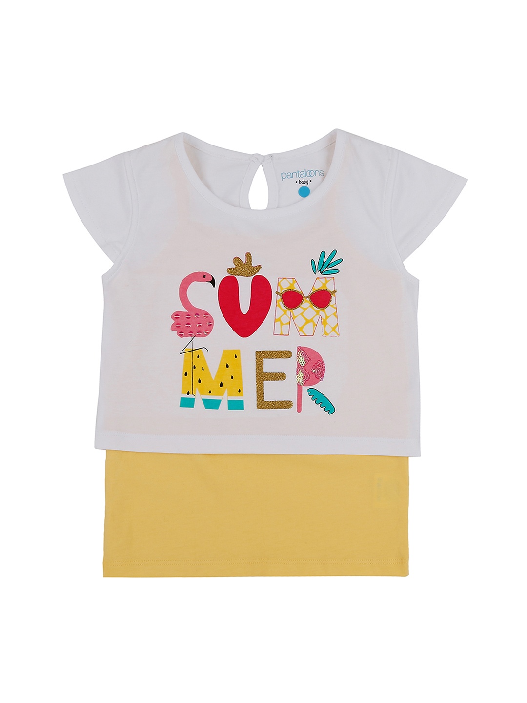 

Pantaloons Baby Girls White Mustard Yellow Printed Round Neck Pure Cotton T-shirt with Camisole