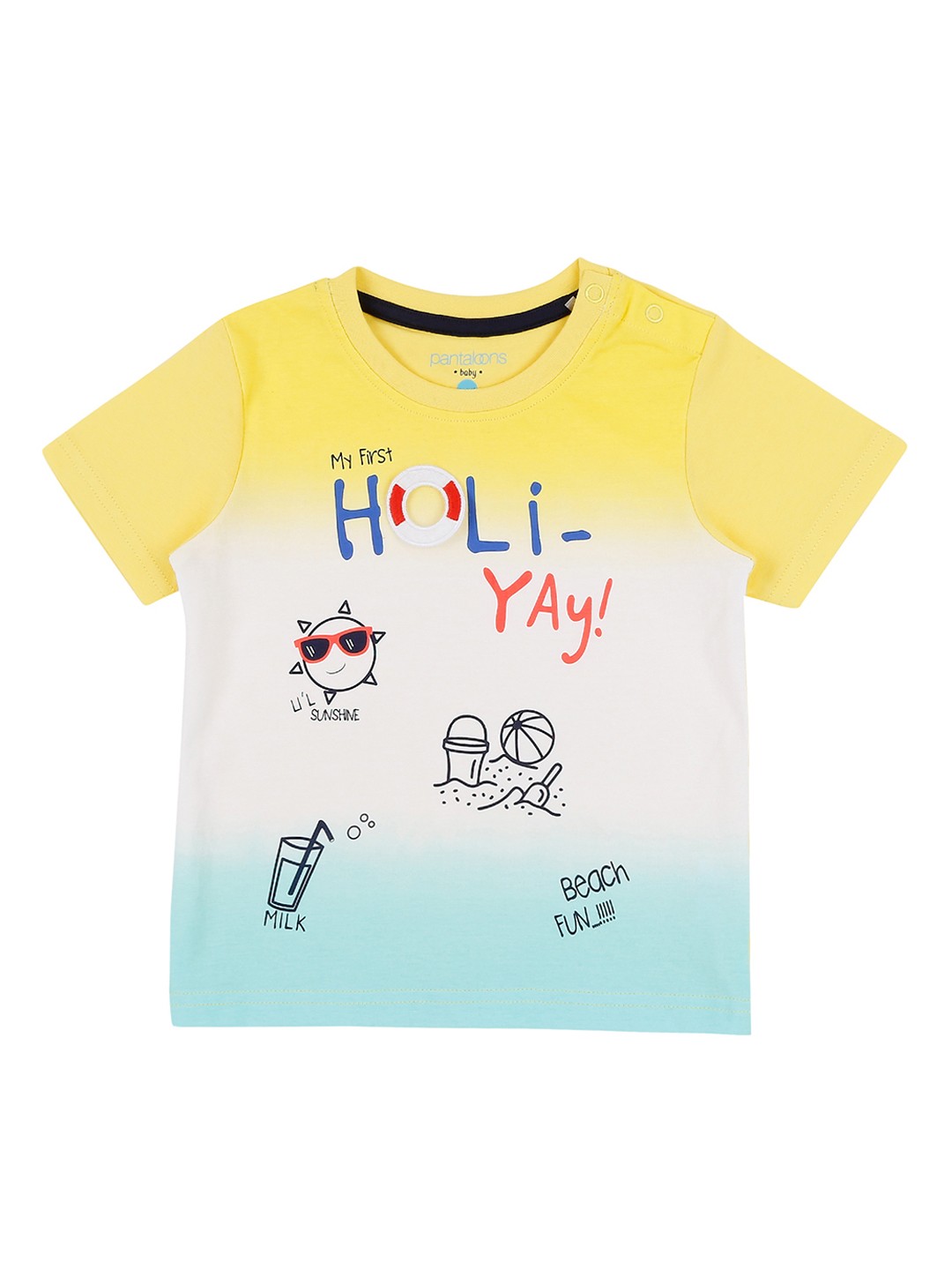 

Pantaloons Baby Boys Yellow Blue Printed Ombre Round Neck Pure Cotton T-shirt
