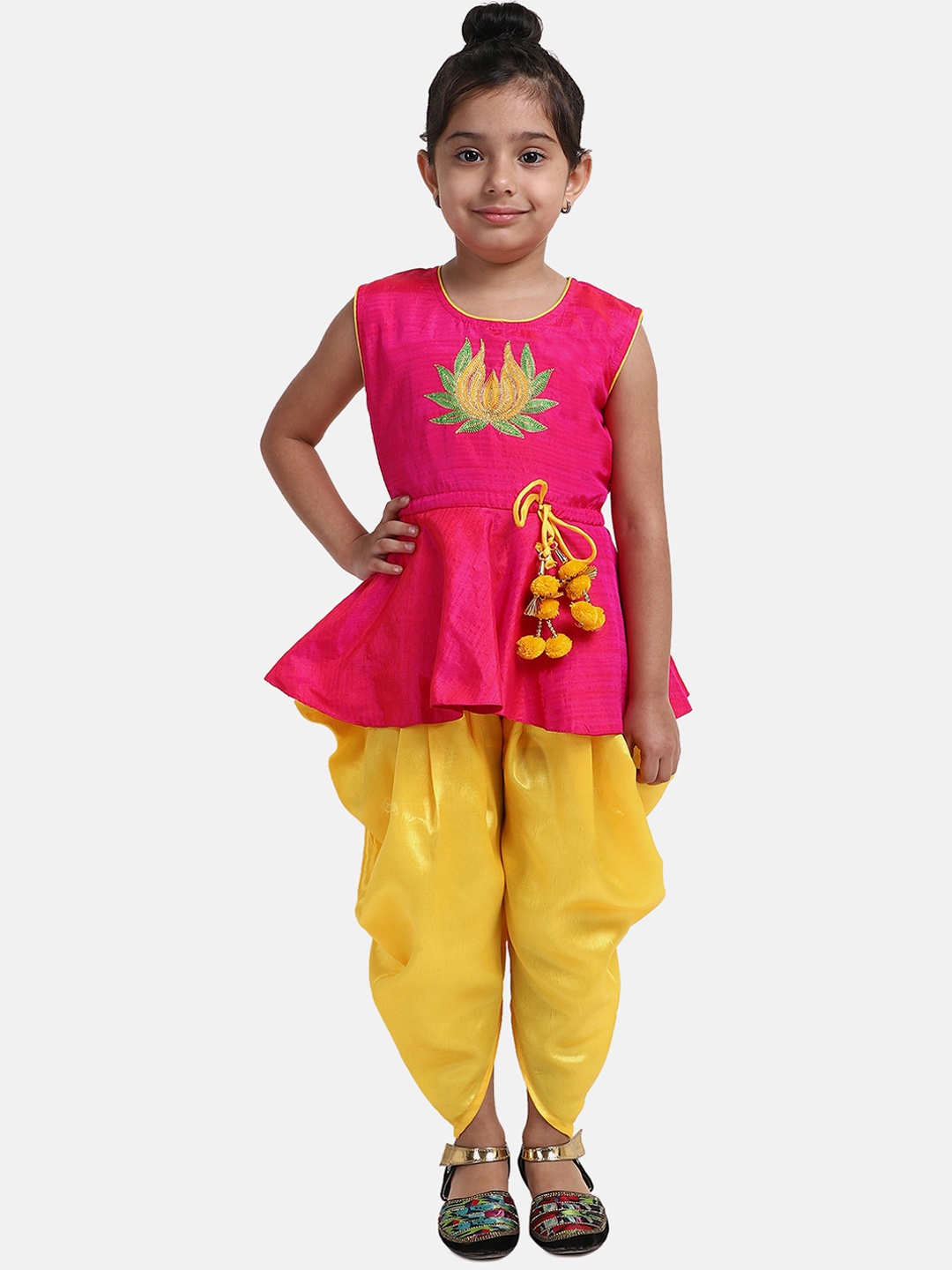 

BownBee Girls Pink & Yellow Embroidered Kurti with Dhoti Pants