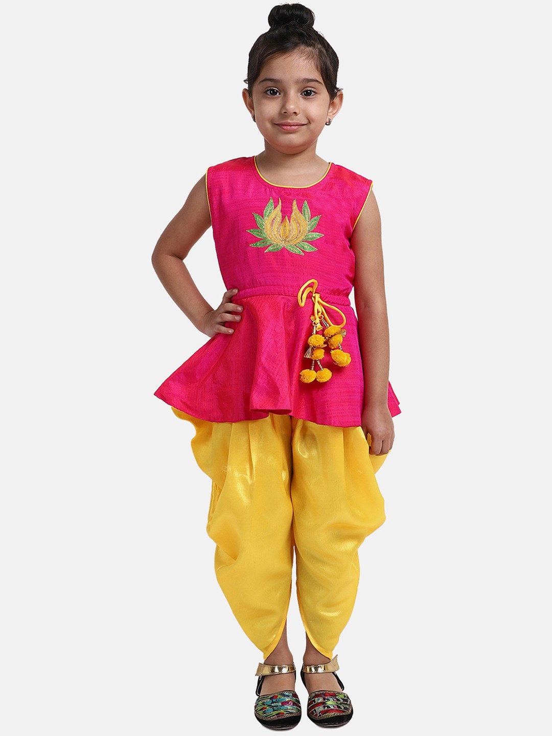 

BownBee Girls Pink & Yellow Embroidered Kurti with Dhoti Pants