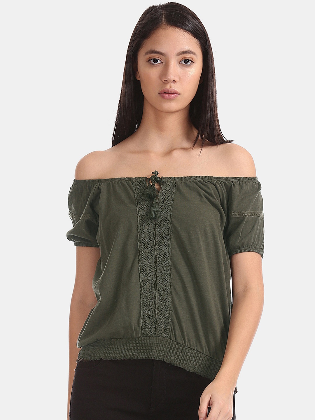 

Aeropostale Women Olive Green Solid Bardot Pure Cotton Top With Lace Inserts