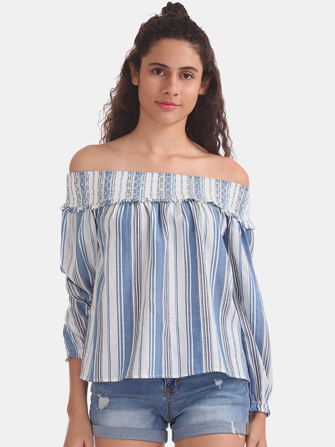 

Aeropostale Women White & Blue Striped Bardot Top