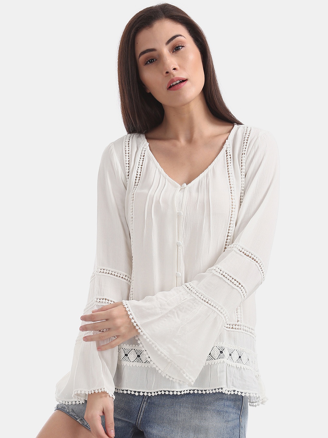 

Aeropostale Women White Solid A-Line Top with Lace inserts